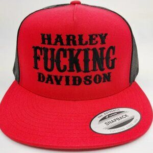 Harley F@cking Davidson Trucker Hat Red And Black Yupoong Snapback USA Made